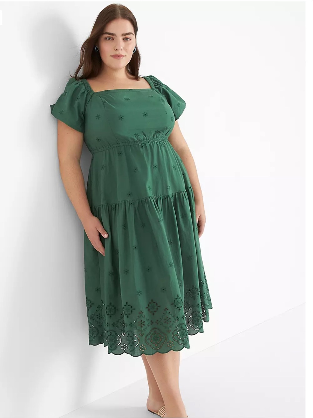 Lane Bryant Green Convertible Off-The-Shoulder Tiered Eyelet Midi Dress Size 16